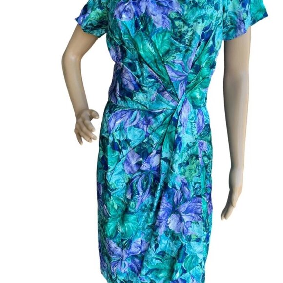 Vintage Isabell Gerhart Houston Dress Green Purple Floral Print Draped Cocktail - Picture 2 of 10